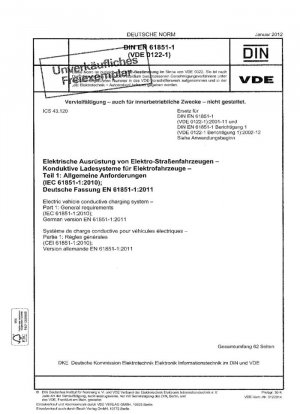 Sistema de carga conductivo para vehículos eléctricos. Parte 1: Requisitos generales (IEC 61851-1:2010); Versión alemana EN 61851-1:2011