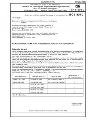 Equipos y sistemas domésticos de audio de alta fidelidad. Métodos de medición y especificación del rendimiento. Parte 2: Sintonizadores de radio FM (IEC 61305-2:1997); Versión alemana EN 61305-2:1998
