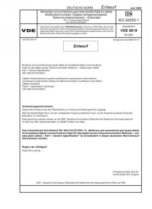 Cables multinúcleo y de par/cuádruple simétricos para comunicaciones digitales de banda ancha (red de telecomunicaciones de acceso digital de alta velocidad de bits): cables de planta externa Parte 1: Especificación genérica
