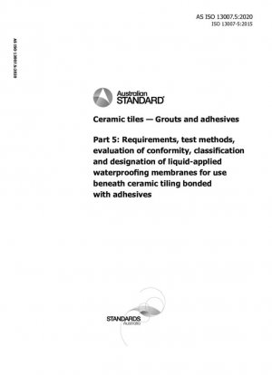 Baldosas cerámicas. Lechadas y adhesivos, Parte 5: Requisitos, métodos de prueba, evaluación de la conformidad, clasificación y designación de membranas impermeabilizantes de aplicación líquida para uso debajo de baldosas cerámicas adheridas con adhesivos.