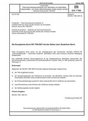 Productos alimenticios - Detección por termoluminiscencia de alimentos irradiados de los que se pueden aislar minerales de silicato; Versión alemana EN 1788:2001