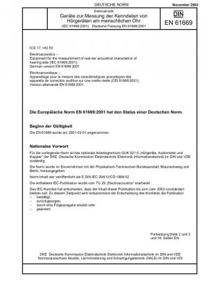 Electroacústica - Equipos para la medición de las características acústicas de audífonos en oído real (IEC 61669:2001); Versión alemana EN 61669:2001