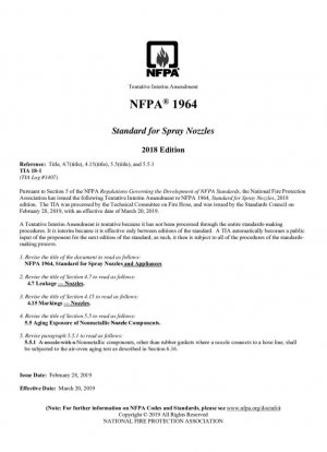Enmienda provisional tentativa a la norma NFPA® 1964 para boquillas de pulverización, edición 2018