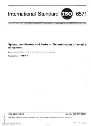 Especias, condimentos y hierbas; Determinación del contenido de aceite volátil.