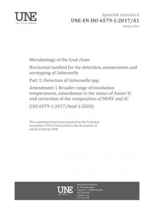 Microbiología de la cadena alimentaria - Método horizontal para la detección, enumeración y serotipado de Salmonella - Parte 1: Detección de Salmonella spp. - Enmienda 1 Rango más amplio de temperaturas de incubación, modificación del estado del Anexo D y corrección...