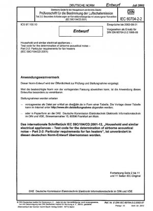 Aparatos electrodomésticos y análogos. Código de ensayo para la determinación del ruido acústico aéreo. Parte 2-2: Requisitos particulares para calentadores radiantes forzados (IEC 59C/104/CD:2001)