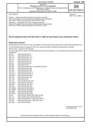Plásticos. Materiales de moldeo y extrusión de poliestireno (PS). Parte 2: Preparación de probetas y determinación de propiedades (ISO 1622-2:1995); Versión alemana EN ISO 1622-2:1999