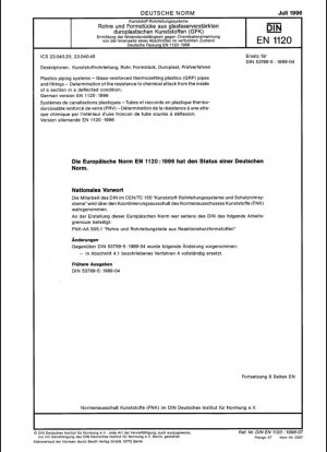 Sistemas de tuberías de plástico - Tuberías y accesorios de plástico termoestable reforzado con vidrio (PRFV) - Determinación de la resistencia al ataque químico desde el interior de una sección en condición deformada; Versión alemana EN 1120:1996