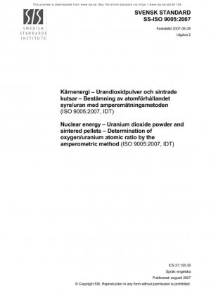 Energía nuclear - Polvo de dióxido de uranio y pellets sellados - Determinación del razón atómica oxígeno/uranio por el método amperométrico (ISO 9005:2007, IDT)