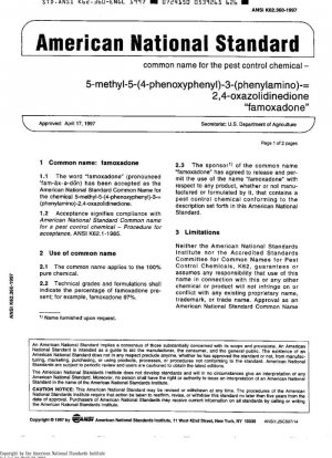 Nombre común del producto químico para el control de plagas: 5-metil-5-(4-fenoxifenil)-3-(fenilamino)-=2,4-oxazolidinediona "famoxadona"