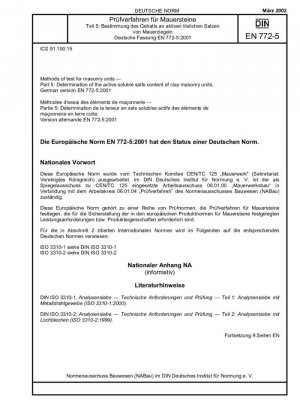 Métodos de prueba para unidades de mampostería - Parte 5: Determinación del contenido de sales solubles activas de unidades de mampostería de arcilla; Versión alemana EN 772-5:2001