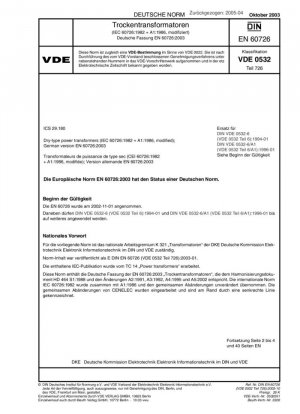 Transformadores de potencia de tipo seco (IEC 60726:1982 A1:1986, modificada); versión alemana EN 60726:2003