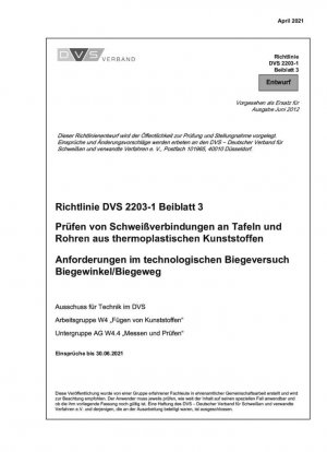 DVS 2203-1 Parte 3: Pruebas de uniones soldadas en láminas y tuberías de plástico. Requisitos para el ángulo de curvatura/distancia de curvatura de las pruebas técnicas de flexión.