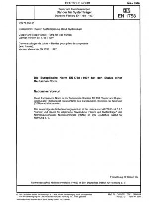 Cobre y aleaciones de cobre - Tiras para marcos de plomo; Versión alemana EN 1758:1997