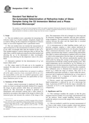 Método de prueba estándar para la determinación automatizada del índice de refracción de muestras de vidrio mediante el método de inmersión en aceite y un microscopio de contraste de fases