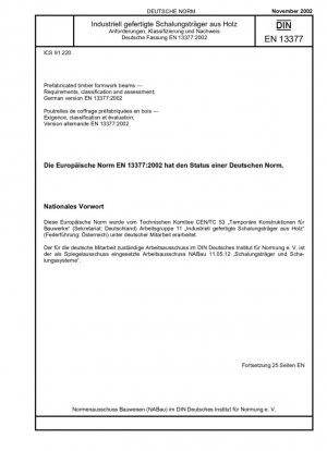 Vigas prefabricadas de madera para encofrado - Requisitos, clasificación y evaluación; Versión alemana EN 13377:2002