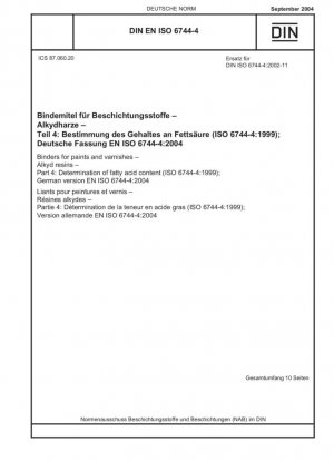 Aglutinantes para pinturas y barnices. Resinas alquídicas. Parte 4: Determinación del contenido de ácidos grasos (ISO 6744-4:1999); Versión alemana EN ISO 6744-4:2004
