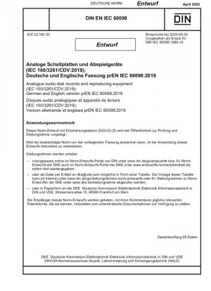 Equipos de reproducción y discos de audio analógicos (IEC 100/3261/CDV:2019); Versión alemana e inglesa prEN IEC 60098:2019