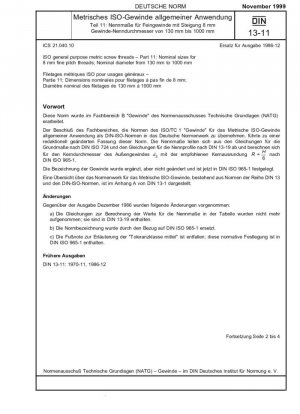 Roscas de tornillo métricas de uso general ISO - Parte 11: Tamaños nominales para roscas de paso fino de 8 mm; diámetro nominal de 130 mm a 1000 mm