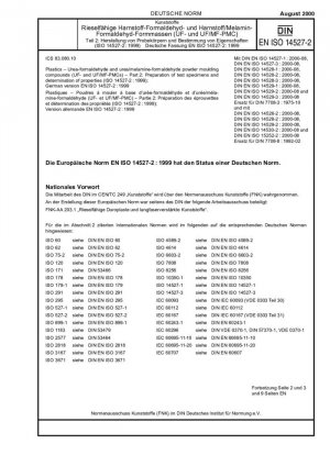Plásticos. Compuestos de moldeo en polvo de urea-formaldehído y urea/melamina-formaldehído (PMC UF y UF/MF). Parte 2: Preparación de muestras de ensayo y determinación de propiedades (ISO 14527-2:1999); Versión alemana EN ISO 14527-2:1999