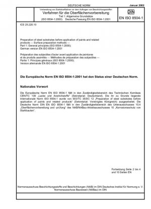 Preparación de sustratos de acero antes de la aplicación de pinturas y productos relacionados. Métodos de preparación de superficies. Parte 1: Principios generales (ISO 8504-1:2000); Versión alemana EN ISO 8504-1:2001