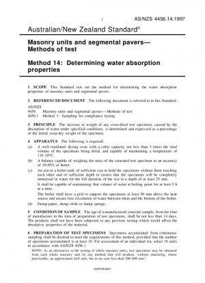 Unidades de mampostería y adoquines segmentados - Métodos de prueba, Método 14: Determinación de las propiedades de absorción de agua