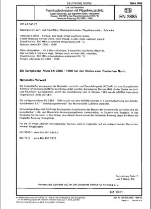 Serie aeroespacial - Tornillos de cabeza troncocónica, ranura cruciforme desplazada, vástago normal de tolerancia gruesa, rosca corta, de acero aleado, cadmio, clasificación: 900 MPa (a temperatura ambiente)/235 °C; Versión alemana EN 2885:1996