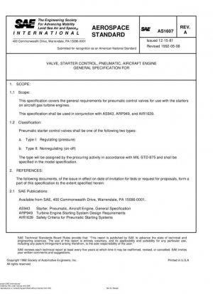Válvula, control de arranque, neumática, especificación general de motor de avión para (reemplazado SAE ARP 1607)