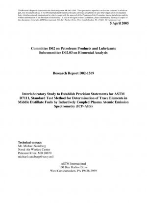 D7111-Método de prueba para la determinación de oligoelementos en combustibles destilados medios mediante espectrometría de emisión atómica de plasma acoplado inductivamente (ICP-AES)