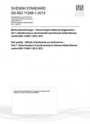 Calidad del suelo - Efectos de los contaminantes sobre las lombrices de tierra - Parte 1: Determinación de la toxicidad aguda para Eisenia fetida/Eisenia andrei (ISO 11268-1:2012, IDT)
