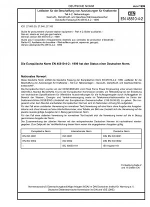 Guía para la adquisición de equipos de centrales eléctricas - Parte 4-2: Auxiliares de calderas; calentadores de gas-aire, vapor-aire y gas-gas; Versión alemana EN 45510-4-2:1999