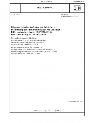 Rendimiento térmico de los edificios - Determinación de la permeabilidad al aire de los edificios - Método de presurización del ventilador (ISO 9972:2015); Versión alemana EN ISO 9972:2015