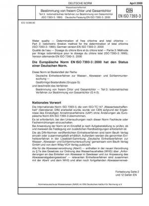 Calidad del agua. Determinación del cloro libre y cloro total. Parte 3: Método de valoración yodométrica para la determinación del cloro total (ISO 7393-3:1990); Versión alemana EN ISO 7393-3:2000