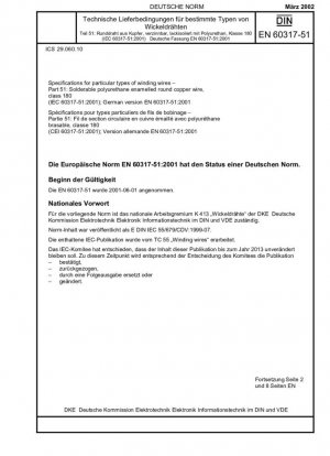 Especificaciones para tipos particulares de alambres para bobinar - Parte 51: Alambre redondo de cobre esmaltado con poliuretano soldable, clase 180 (IEC 60317-51:2001); Versión alemana EN 60317-51:2001