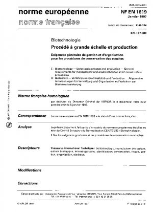 Biotecnología. Proceso y producción a gran escala. Requisitos generales de gestión y organización de los procedimientos de conservación de cepas.