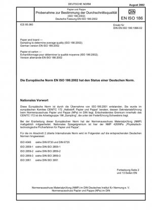 Papel y cartón - Muestreo para determinar la calidad media (ISO 186:2002); Versión alemana EN ISO 186:2002