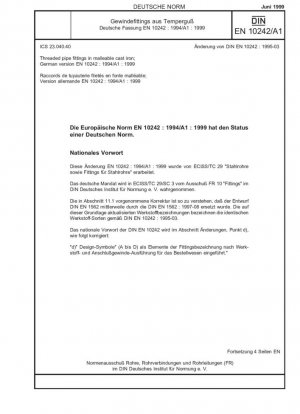 Racor roscado para tubería de fundición maleable; Enmienda A1; Versión alemana EN 10242:1994/A1:1999