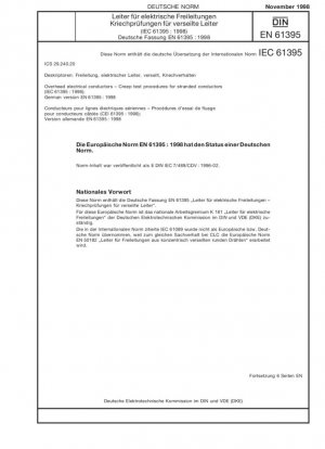 Conductores eléctricos aéreos. Procedimientos de prueba de fluencia para conductores trenzados (IEC 61395:1998); Versión alemana EN 61395:1998
