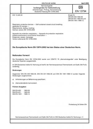Dispositivos de protección respiratoria - Aparatos respiratorios autónomos de circuito cerrado para escape - Requisitos, pruebas, marcado; Versión alemana EN 13794:2002