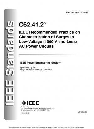Práctica recomendada por IEEE sobre la caracterización de sobretensiones en circuitos de alimentación de CA de bajo voltaje (1000 V y menos): 1991 [Reemplazado: IEEE C62.41, IEEE C62.41]