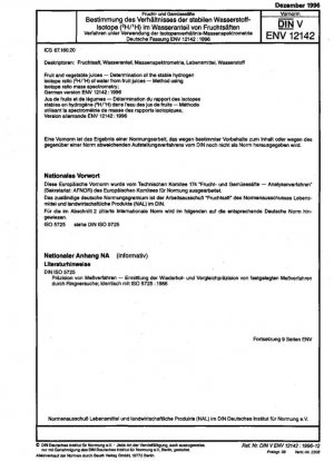 Zumos de frutas y verduras - Determinación de la relación isotópica estable de hidrógeno (H/H) del agua procedente de zumos de frutas - Método que utiliza espectrometría de masas de relación isotópica; Versión alemana ENV 12142:1996