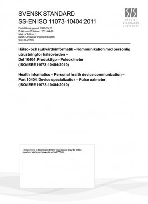 Informática sanitaria - Comunicación de dispositivos sanitarios personales - Parte 10404: Especialización de dispositivos - Oxímetro de pulso (ISO/IEEE 11073-10404:2010)