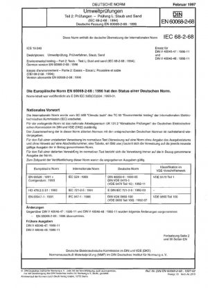 Pruebas ambientales - Parte 2: Pruebas; prueba L: Polvo y arena (IEC 60068-2-68:1994); Versión alemana EN 60068-2-68:1996