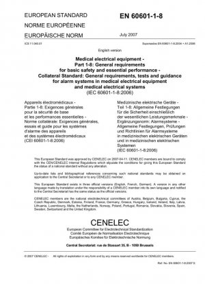 Equipos eléctricos médicos - Parte 1-8: Requisitos generales para la seguridad básica y el rendimiento esencial - Norma colateral: Requisitos generales, pruebas y orientación para sistemas de alarma en equipos eléctricos médicos y sistemas eléctricos médicos (Inco