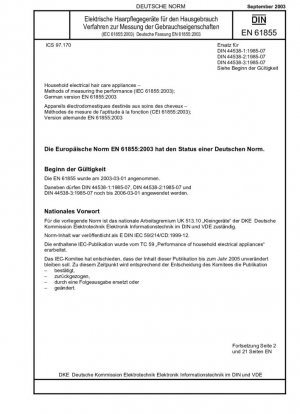Aparatos eléctricos domésticos para el cuidado del cabello. Métodos de medición del rendimiento (IEC 61855:2003); Versión alemana EN 61855:2003
