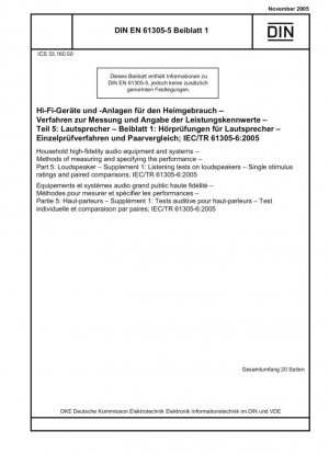 Equipos y sistemas domésticos de audio de alta fidelidad - Métodos de medición y especificación del rendimiento - Parte 5: Altavoz - Suplemento 1: Pruebas de escucha en altavoces - Calificaciones de estímulo único y comparaciones pareadas; CEI/TR 61305-6:2005