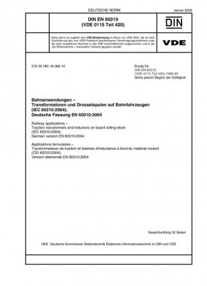 Aplicaciones ferroviarias: transformadores e inductores de tracción a bordo de material rodante (IEC 60310:2004); Versión alemana EN 60310:2004