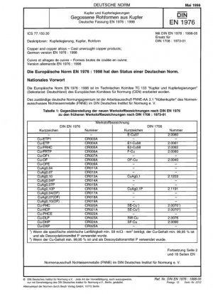Cobre y aleaciones de cobre - Productos fundidos de cobre en bruto; Versión alemana EN 1976:1998