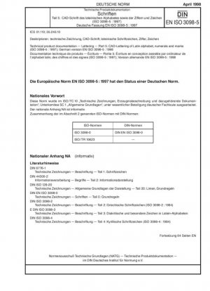 Documentación técnica del producto - Rotulación - Parte 5: Rotulación CAD del alfabeto latino, números y marcas (ISO 3098-5:1997); Versión alemana EN ISO 3098-5:1997