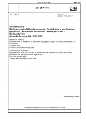 Ropa de protección - Determinación de la resistencia a la penetración de productos químicos líquidos pulverizados, emulsiones y dispersiones - Prueba de atomizador; Versión en inglés de DIN EN 14786:2007-03